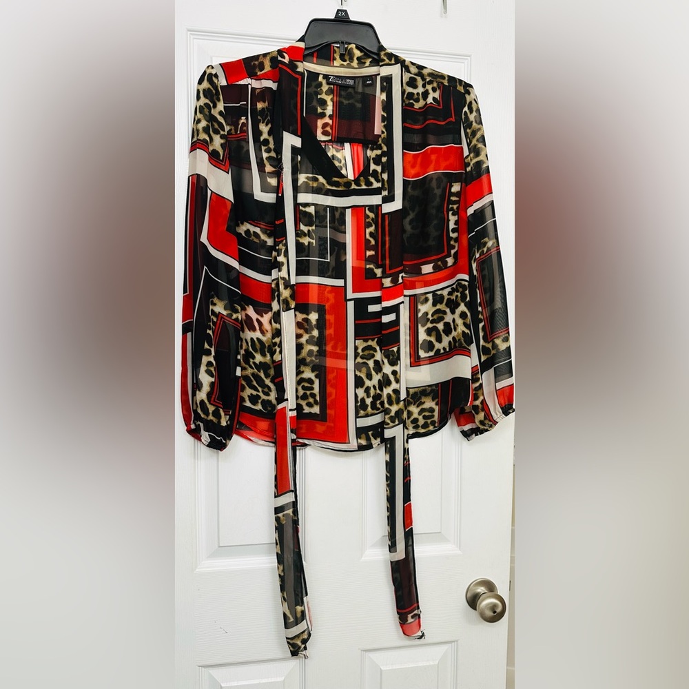 New York & Company Red and Black Patterned Blouse